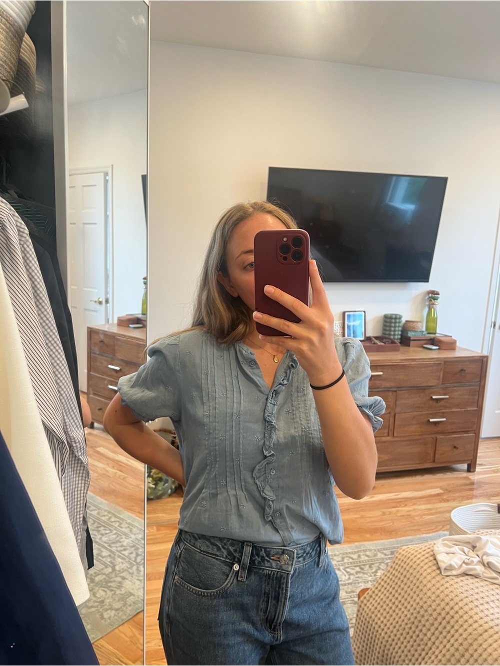 LOFT Light Blue Pintuck Ruffle-Front Blouse